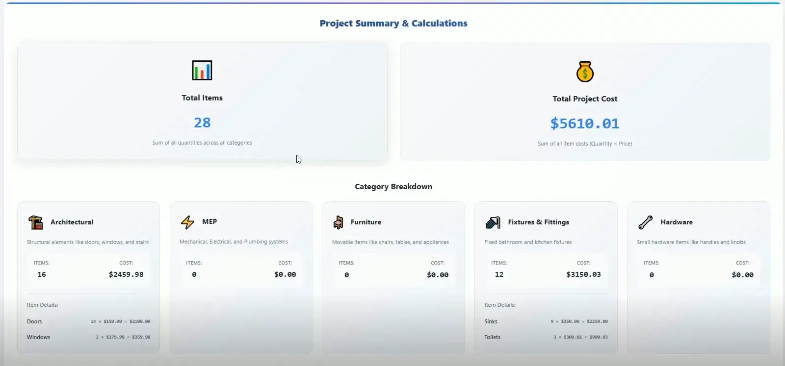 Automated Cost Calculation and Professional Report Export
