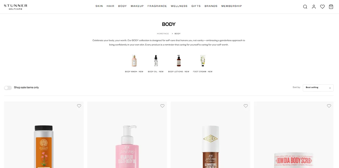 Stunner Selfcare category and subcategory menu structure