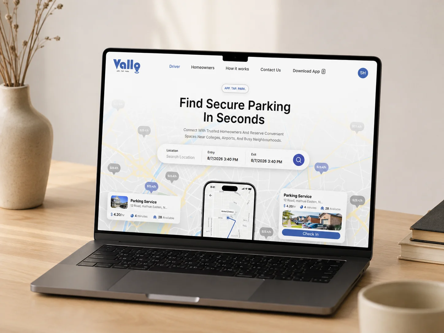 : Vallo Parking logo mark at the centre of the engineering challenges diagram