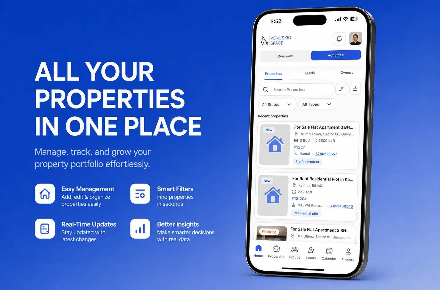Real estate CRM shown side by side on a laptop dashboard and a mobile property listing screen