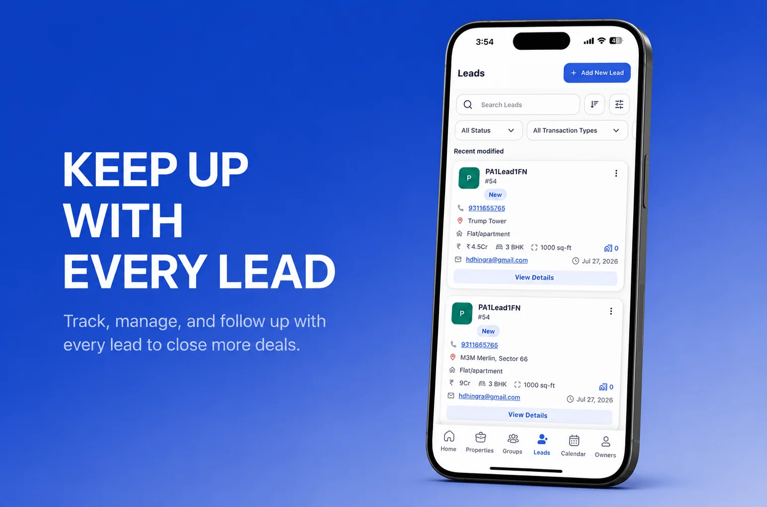 Notification centre showing new lead assignment and site visit reminder