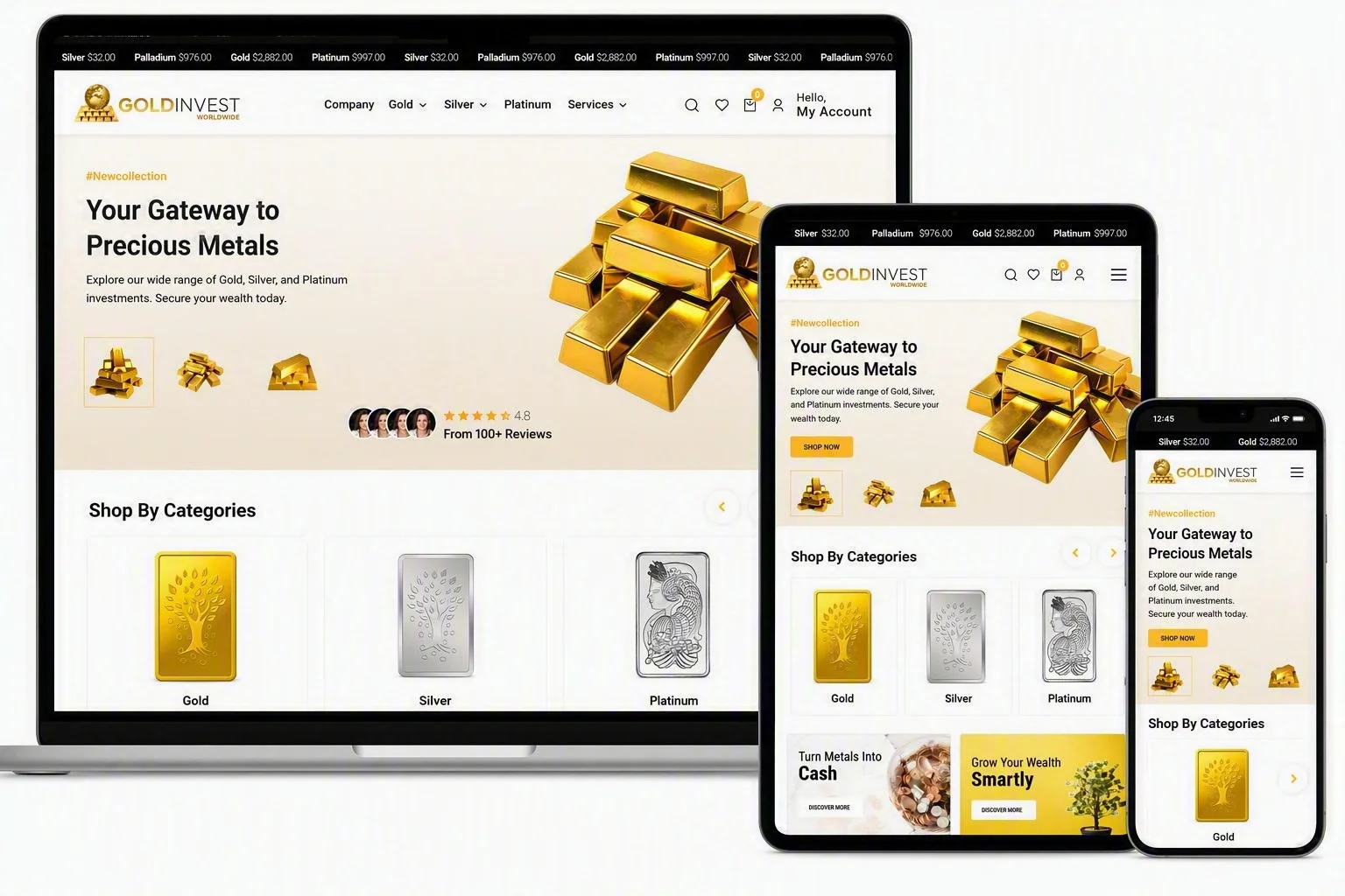 Gold Invest Worldwide OpenCart ecommerce store displayed across desktop, tablet, and mobile devices