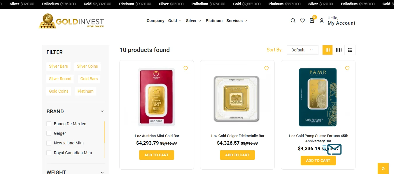 Order history list inside a Gold Invest Worldwide customer account