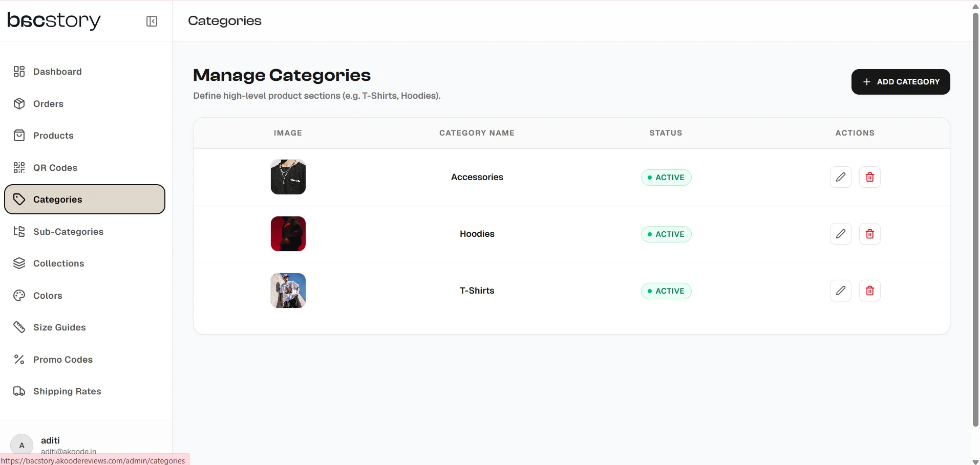 Product catalog with size guide and color swatches