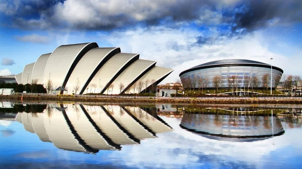 Glasgow city centre skyline along the River Clyde representing local technology and space sector expertise